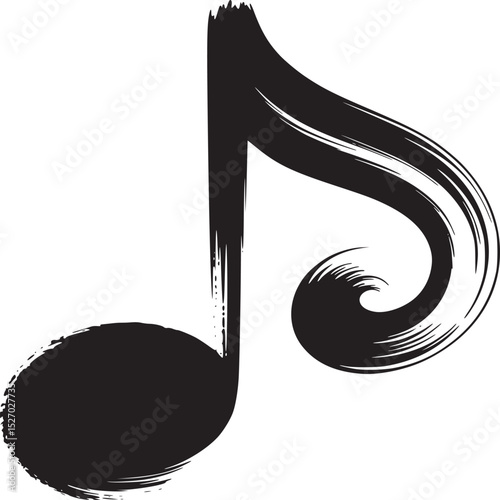 A black musical note painted with brush strokes on a light gray background in a square format design