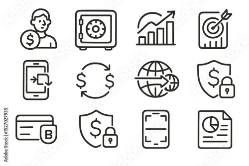 Financial and security icons set on brown background