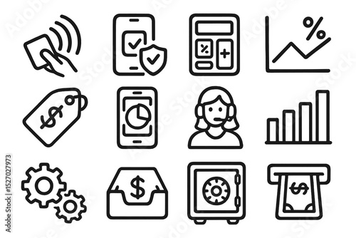 Financial and technology icons including charts, wallet, and safe