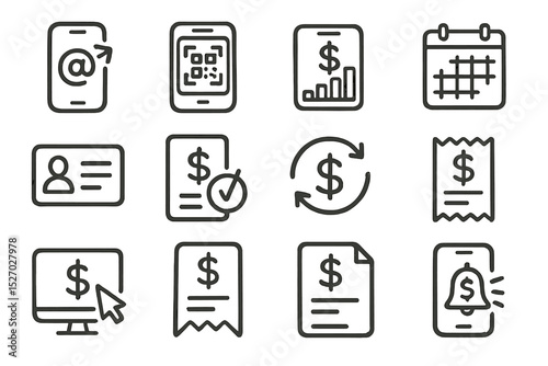 Financial icons set with smartphone, calendar, document, and dollar signs