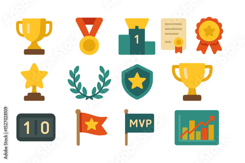 Collection of colorful awards and achievements icons with trophies and badges