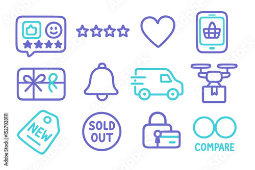 Neon ecommerce icons of shopping, delivery, and rating with glowing effects