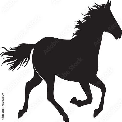 Silhouette of a running horse with flowing mane and tail against a plain white background image view