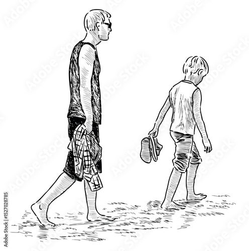 Sketch of young father with little son barefoot walking on beach, realistic hand drawn vector illustration photo