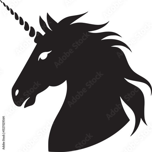 Silhouette of a unicorn head with a spiral horn and flowing mane on a white background design icon