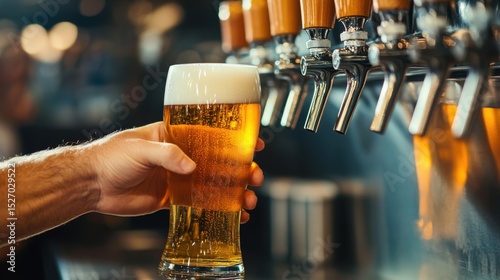 A poured glass of golden draft beer highlights the experience of enjoying a cold beverage; the atmosphere is engaging and vibrant with a focus on the beer's refreshment.