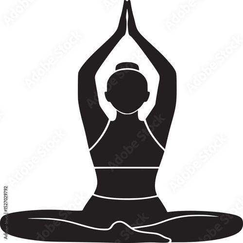 Black silhouette of a woman in a yoga pose with hands raised above her head in a white background