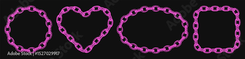 Distressed pink metal chain frames set with retro photocopy effect. Monochrome borders with gritty stippling texture. Trendy elements for y2k emo collage design. Vector illustration