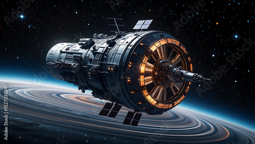 Futuristic spacecraft orbiting ringed planet stellar exploration