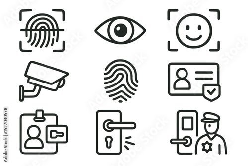 Security technology icons featuring fingerprint and surveillance camera