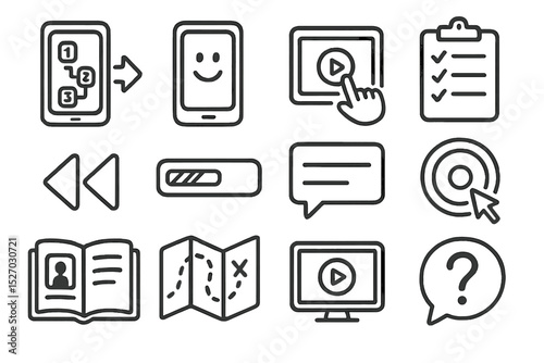 Outline icons for media and communication apps on gray background