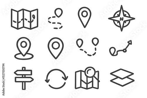 Set of navigation icons: maps, locations, compass, directions, pathways