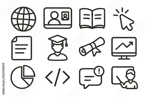 Education icons set: online learning, graduation, graphs, code