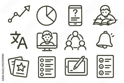 Educational icons set featuring charts, people, devices, and communication symbols
