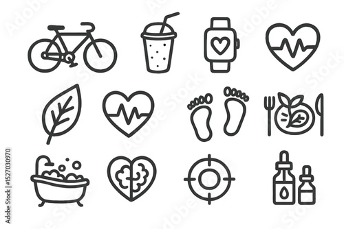 Health and fitness icons: bike, smoothie, tracking, wellness, nutrition symbols