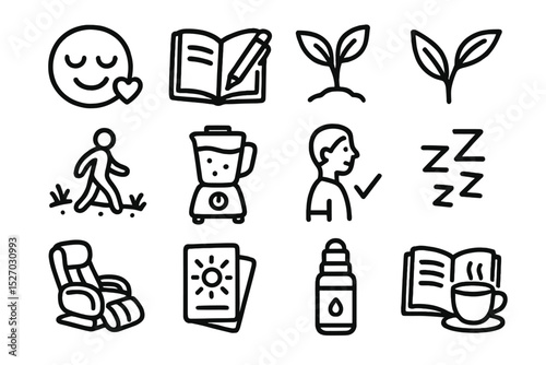 Cozy lifestyle icon set featuring plants, books, and relaxation symbols