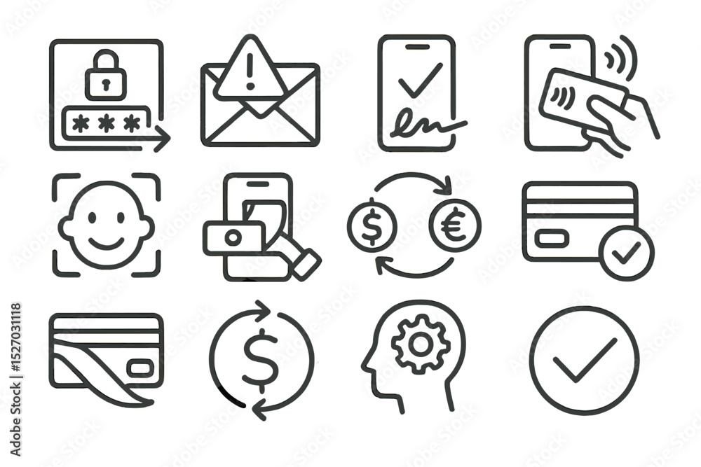 Fototapeta premium Digital icons representing security, transactions, facial recognition, and payment