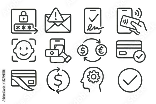 Digital icons representing security, transactions, facial recognition, and payment