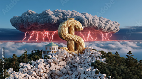 Gargantuan gold dollar sign on rocky terrain with storm cloud and lightning. Financial crisis, economic turmoil, and instability concept.