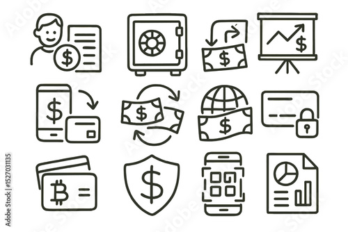 Financial icons set featuring currency, security, and analytics elements