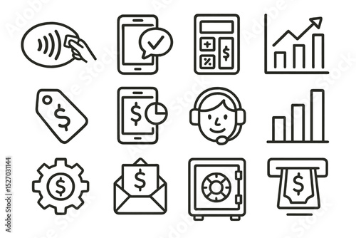 Financial icons collection with phone, calculator, graphs, safe, and currency symbols