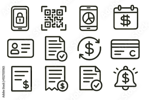 Secure digital transaction and finance icons set on brown background