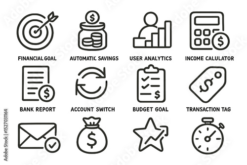 Financial management and analytics icons for savings and budgeting