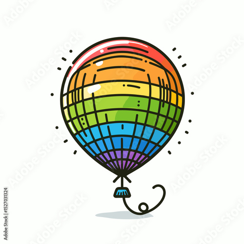 Colorful illustration of a rainbow hot air balloon with playful details
