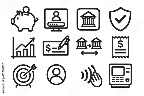 Financial icons set featuring banking, security, and transactions