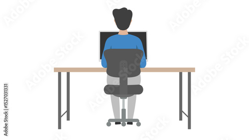 Illustration of a person wearing a blue jersey, sitting on an office chair at a desk, facing a computer monitor from behind.