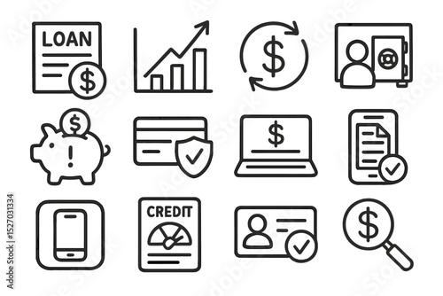 Financial icons representing banking and money management concepts