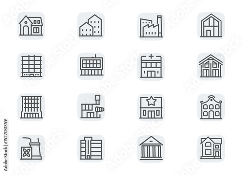 House, hospital, business center, factory, airport, skyscraper, museum, factory. Concept editable stroke outline icons set isolated on white background photo