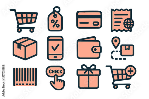 E-commerce icons including shopping cart, barcode, wallet, gift, and tracking
