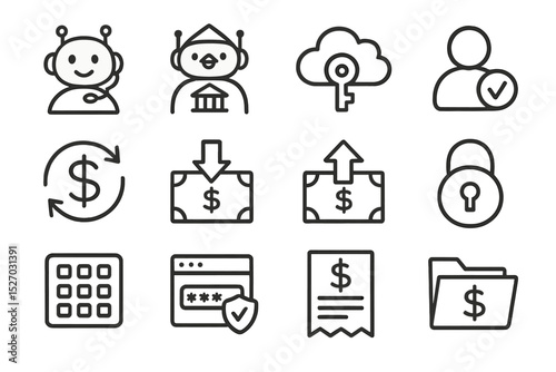 Financial and security icons with robot and cloud elements on dark background