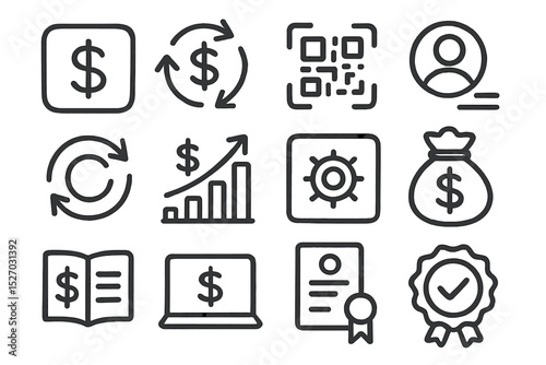 Financial and technology icons with currency, graphs, and qr code elements
