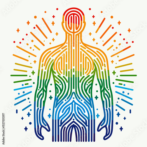 Colorful illustration of a human figure with rainbow lines and radiant energy