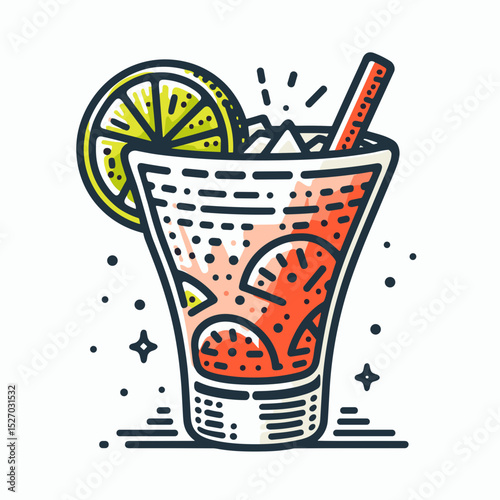 Colorful illustration of a refreshing cocktail with lime and ice in a glass