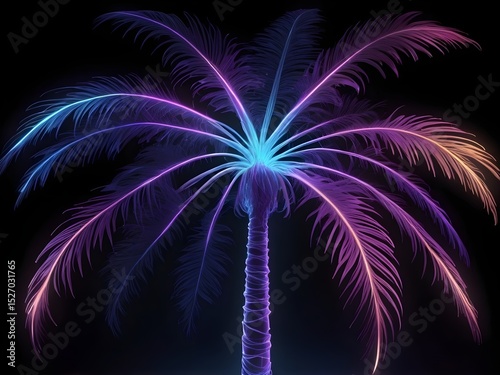 Ethereal glowing palm tree with neon-lit fronds in purple, blue, and green on black background, rendered in electrography Kirlian style art for mystical botanical imagery