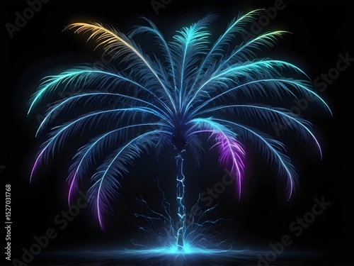 Ethereal glowing palm tree with neon-lit fronds in purple, blue, and green on black background, rendered in electrography Kirlian style art for mystical botanical imagery