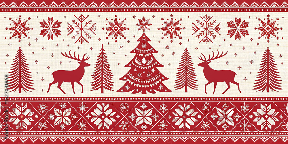 Festive red and white nordic christmas pattern with deer trees and snowflake motifs Festive red and white nordic christmas pattern with deer trees and snowflake motifs
