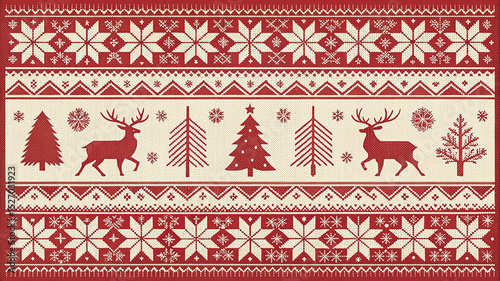 Festive knitted pattern design featuring reindeer christmas trees and snowflake elements for holiday season