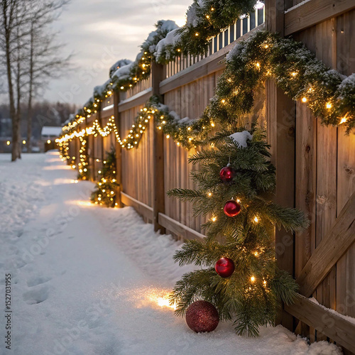 Festive winter scene of decorated wooden fence with christmas lights and snow