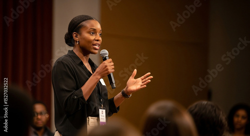 Confident Black woman speaking at indoor gender equality event