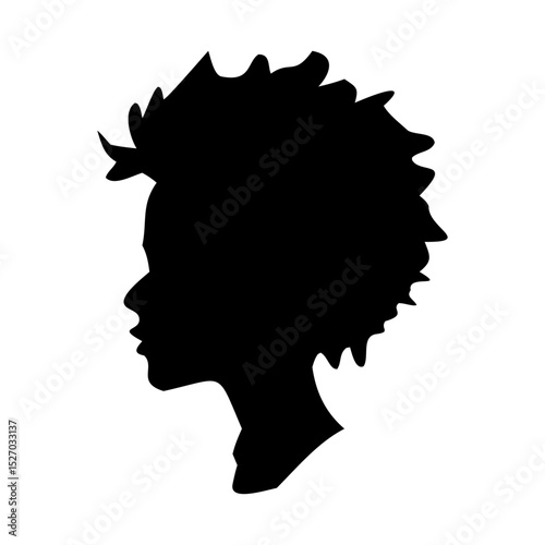 Silhouette of woman face with curly afro in minimal transparent vector
