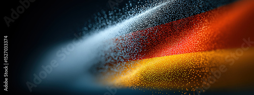 Vibrant particles converge to form recognizable national flag in graceful dynamic motion.
