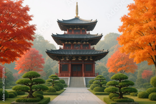 Traditional Japanese Pagoda Surrounded By Autumn Maple Trees In Serene Zen Garden Landscape Scene