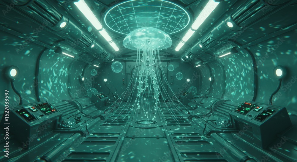 Fototapeta premium Abstract Jellyfish and Control Spheres Inside a Sci-Fi Submarine