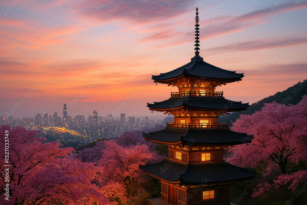 Evening Lights Illuminate Pagoda Among Cherry Blossoms With Distant City Skyline At Vibrant Twilight Evening Lights Illuminate Pagoda Among Cherry Blossoms With Distant City Skyline At Vibrant Twilight