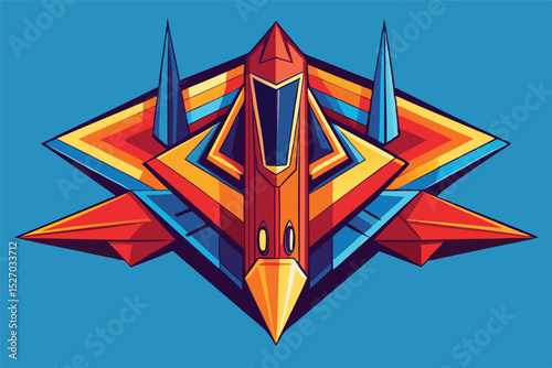 Red futuristic spaceship or aircraft design in a geometric vector illustration style isolated against a blue background for retro space exploration concepts