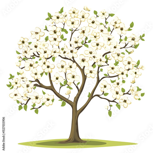 A Dogwood Tree vector 2D flat illustration, isolated on a white background.